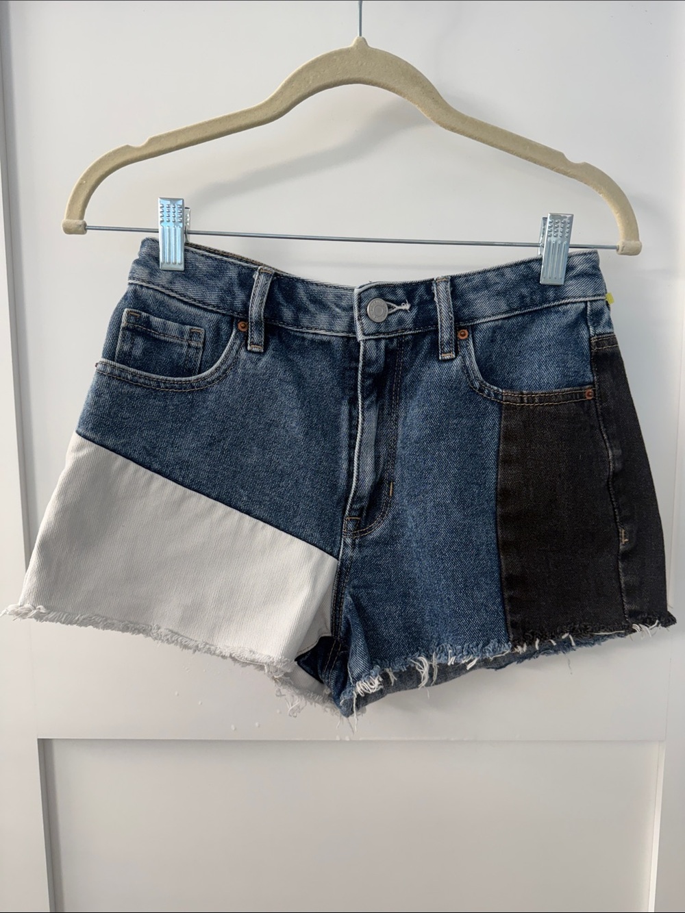 PacSun Colorblock High-Rise Festival Patchwork Shorts in Blue, White & Black